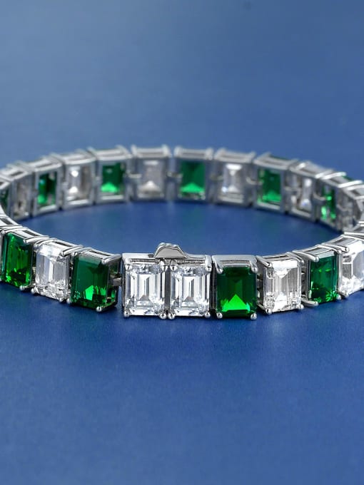 Green 18cm [b 2102] 925 Sterling Silver High Carbon Diamond Geometric Luxury Link Bracelet
